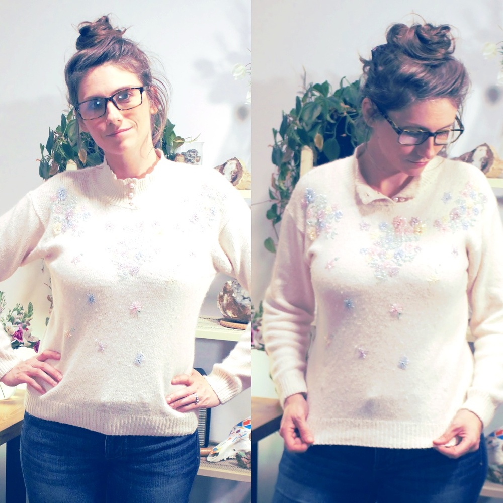 Pink Vintage Sweater Embellished Silk Angora blend